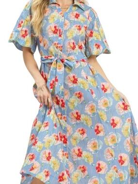 UMGEE New Floral Button-Front Midi Dress in Sky Blue Garden Cottagecore Feminine